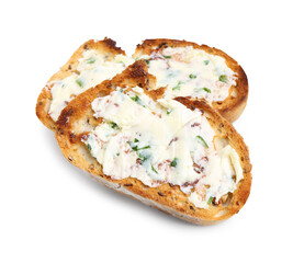 Tasty bread with garlic, herbs and butter isolated on white