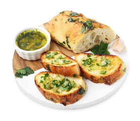 Tasty bread with garlic, herbs and oil isolated on white