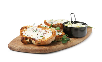 Tasty bread with garlic, herbs and butter isolated on white