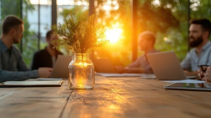 This nature-inspired meeting space is filled with warm sunlight and greenery, fostering a relaxed atmosphere for productive discussions and collaborative exchanges among team members.