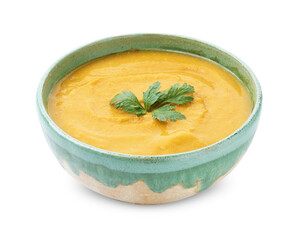 Delicious lentil cream soup with parsley isolated on white