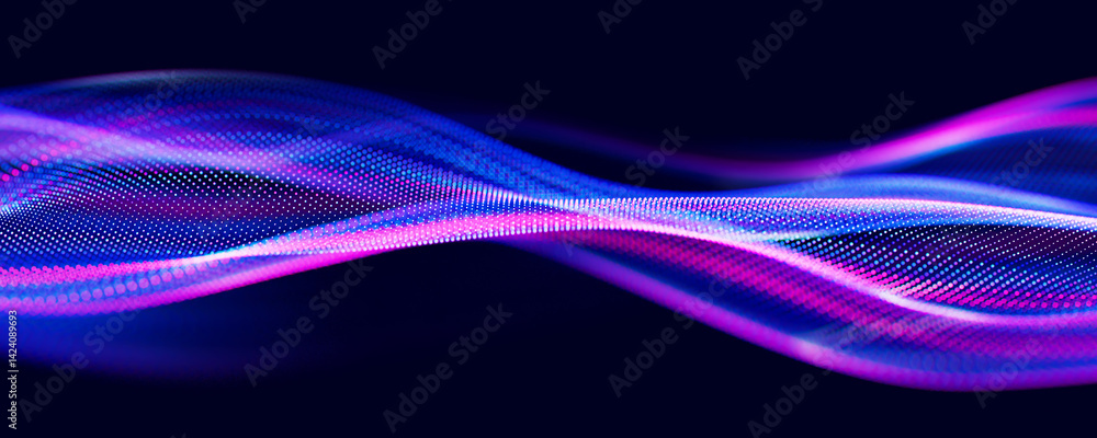 Poster Abstract wave of particles. Big data digital flow concept. LLM learning process, AI technology. Quantum computing. 
