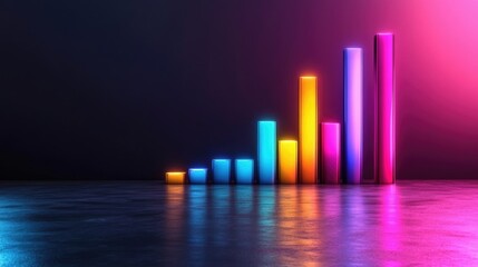 vibrant 3D bar graph with a rising line chart against a gradient blue and pink background for business presentations,financial analysis blogs,and data visualization themes