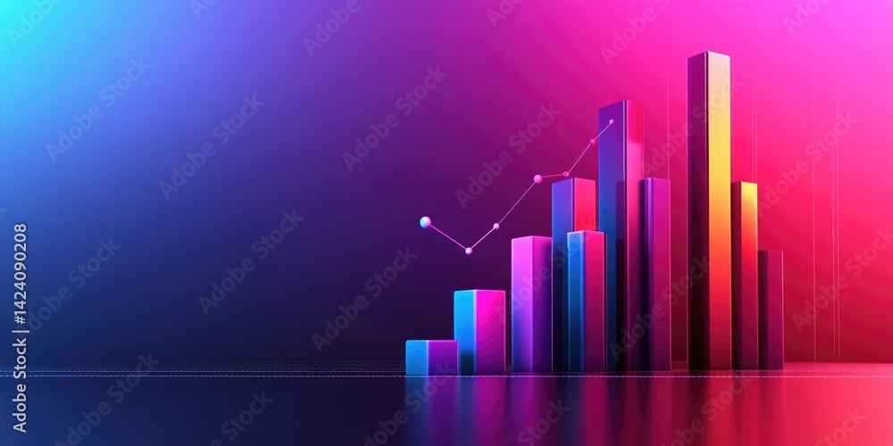 Poster vibrant 3d bar graph with a rising line chart against a gradient blue and pink background for busine