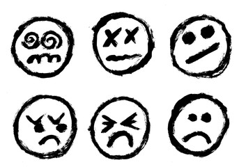 Sad Smiley Faces Icons Grunge Brush Stroke Vector Set