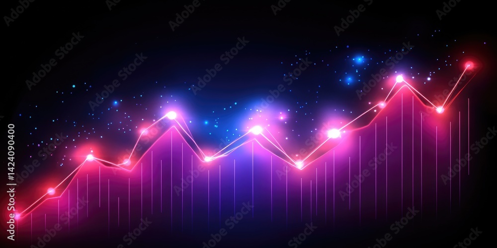 Poster futuristic glowing graph with data points and bars on a dark background. for business, finance, tech