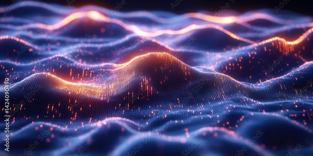 Aufkleber dynamic abstract wave of blue and pink light particles with scattered glowing dots for technology bl