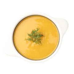 Delicious lentil cream soup with dill in bowl isolated on white, top view
