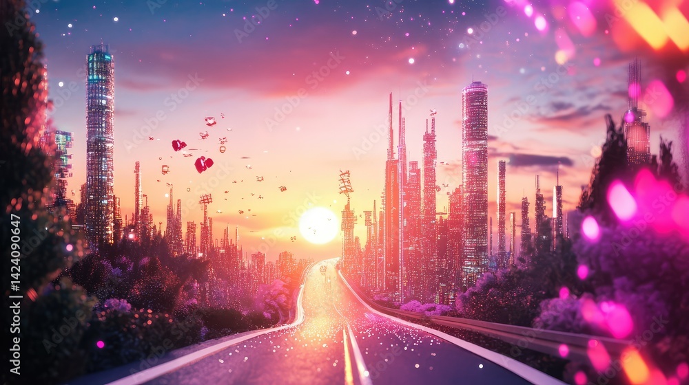 Poster cyberpunk-style digital road framed by binary skyscrapers, immersive machine learning world