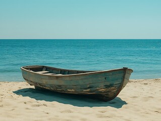 Naklejka premium Old boat on sandy beach, sunny day
