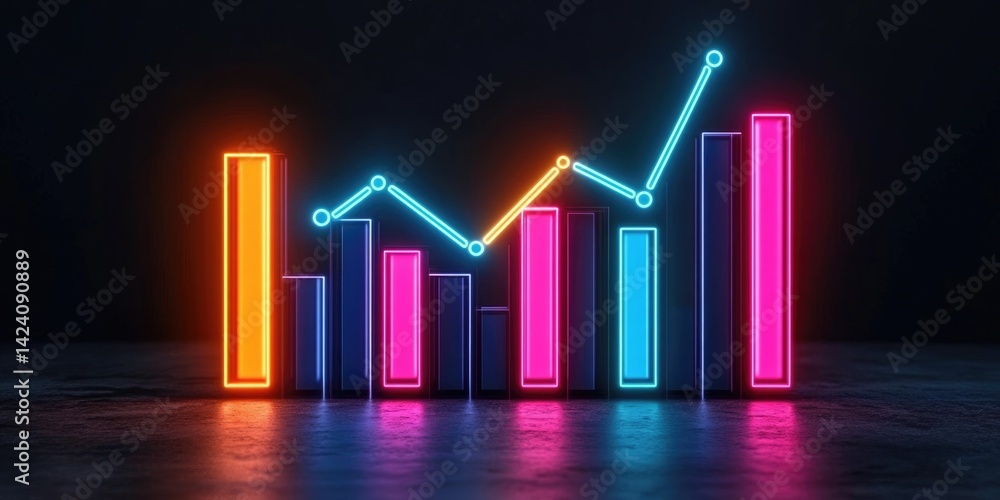 Aufkleber bright neon bar graph with glowing multicoloured bars and overlaid dynamic line chart for business r