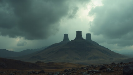 mysterious castle perched on rocky mountain under stormy sky

