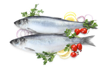 Salted herrings, spices and tomatoes on white background, top view