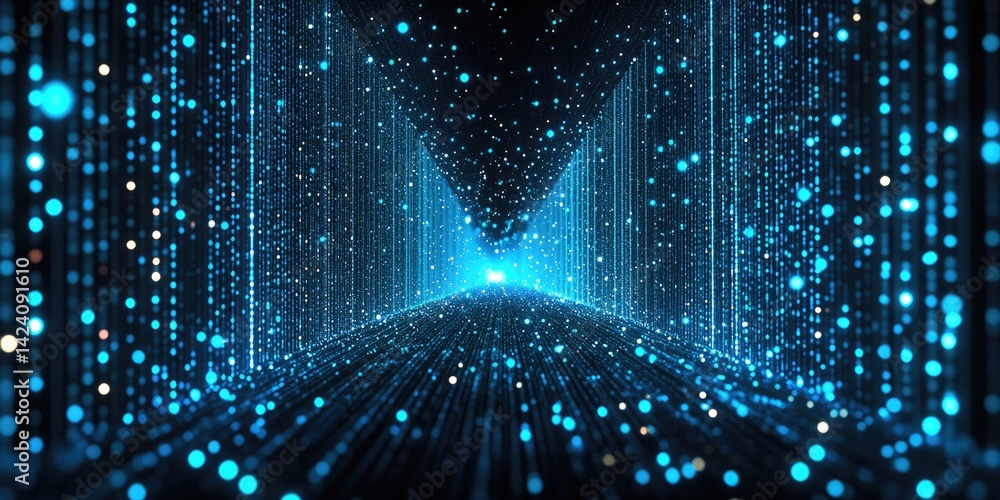 Poster dark abstract background with vertical streams of glowing blue light and scattered sparkling particl