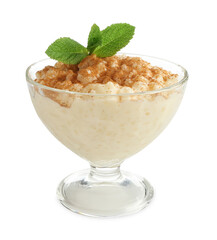 Delicious rice pudding with cinnamon and mint in glass dessert bowl isolated on white