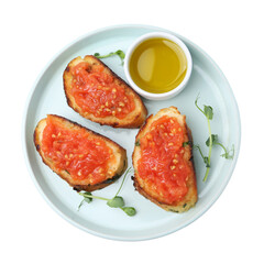 Tasty bread with tomato, microgreens and oil isolated on white, top view