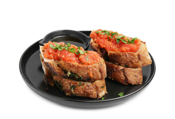 Tasty bread with tomato, parsley and oil isolated on white