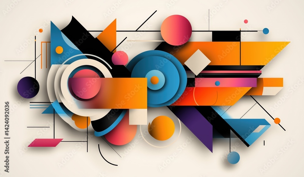 Poster a vibrant abstract composition featuring geometric shapes and bold colors, creating a dynamic visual