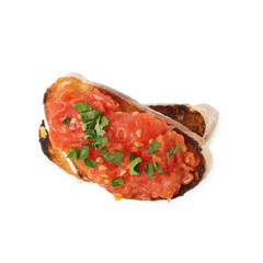 Tasty bread with tomato and parsley isolated on white, top view