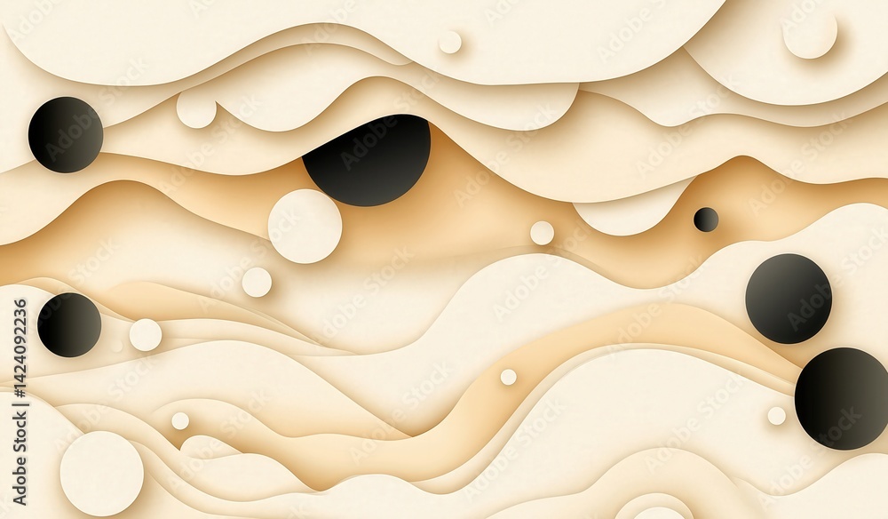 Poster a modern abstract design featuring layered waves and circles in soft beige and contrasting black ton