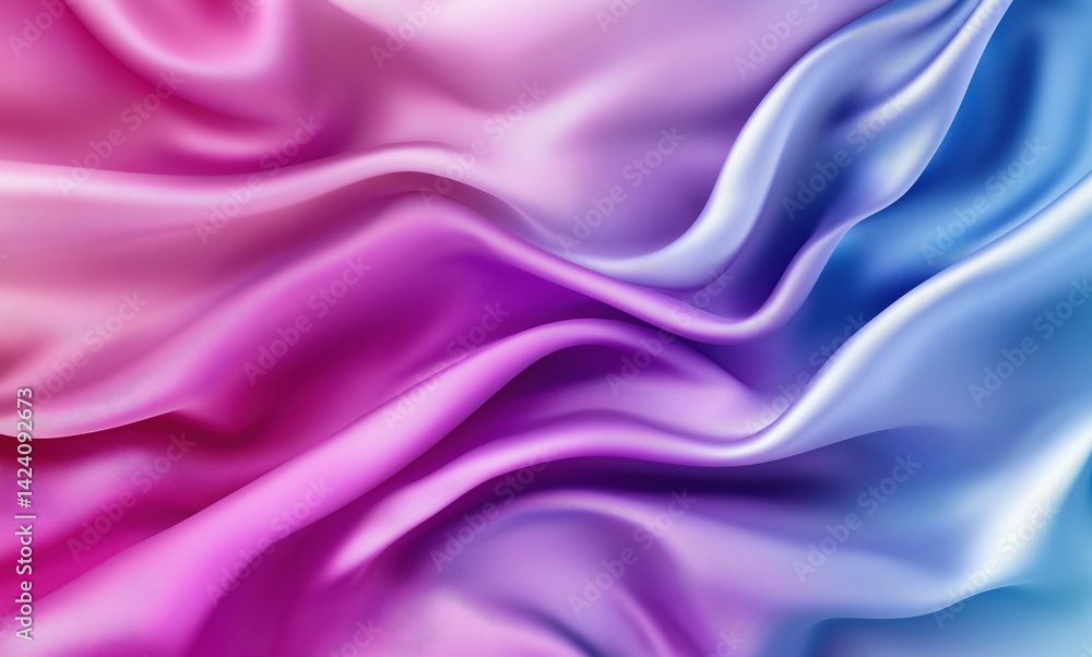 Poster a vibrant, flowing fabric showcasing smooth, luxurious textures in shades of pink and blue, creating