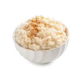 Delicious rice pudding with cinnamon in bowl on white background