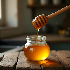 honey jar with clear golden bee honey and wooden dipper on rustic wooden table, honey dripping into open jar, old defocused kitchen background, warm lighting, high detail, 4K high res image