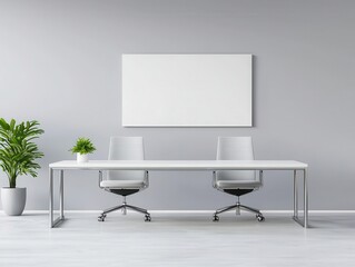 Floating stainless steel office desk with cantilevered chairs, boasting a weightless aesthetic and sleek contemporary styling