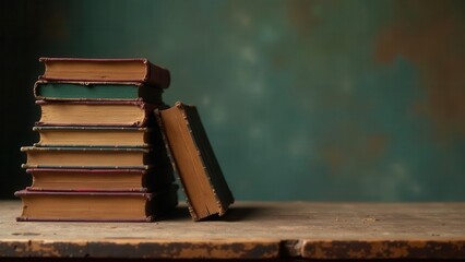 A Stack of Vintage Books on a Rustic Wooden Surface Against a Dark Green Background