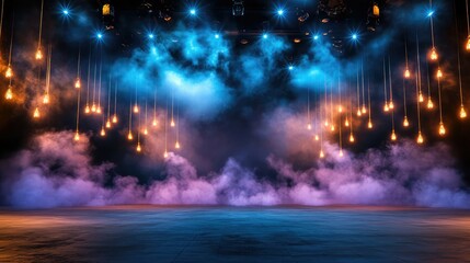 Obraz premium Empty stage under intense blue lighting with swirling fog, perfect for dramatic concert buildup visuals