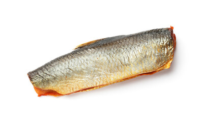 One smoked herring fillet isolated on white, top view