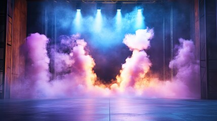 Fog and blue light engulf an empty music stage, creating a powerful and atmospheric scene