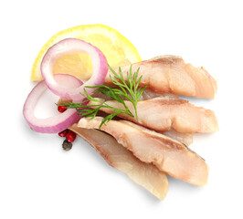Pieces of delicious herring with peppercorns, onions, lemon slice and dill isolated on white, top...