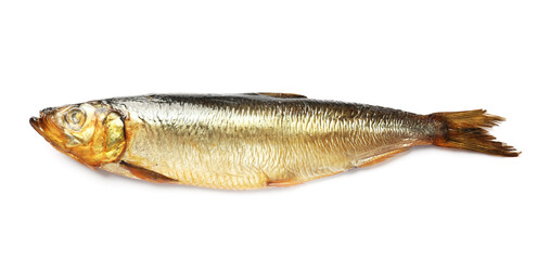 One tasty smoked herring on white background, top view