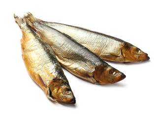 Three tasty smoked herrings on white background