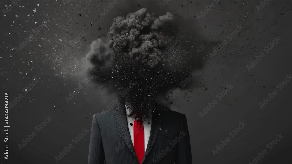 Poster smoke and particles exploding from businessman's head creates a dark cloud, symbolizing stress, burn