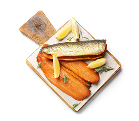 Smoked herrings, lemon and rosemary on white background, top view