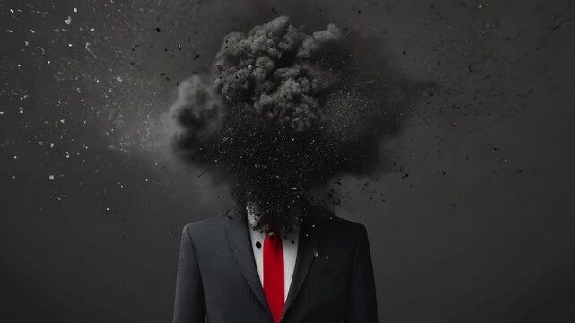 Smoke and particles exploding from businessman's head creates a dark cloud, symbolizing stress, burnout, or mental breakdown, isolated on a dark background