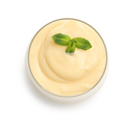 Tasty vanilla pudding with mint isolated on white, top view