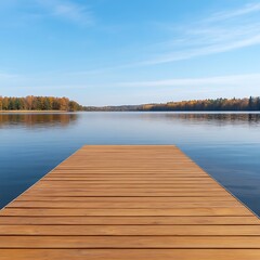 Serene Autumn Lake View Wooden Dock Extending to Calm Water Colorful Fall Foliage