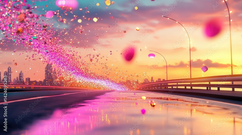 Poster neon 3d highway in a world of binary structures, machine learning urban aesthetic