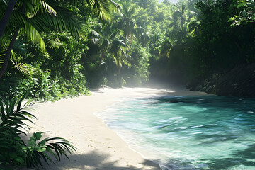 Lush tropical beach cove bathed in sunlight.
