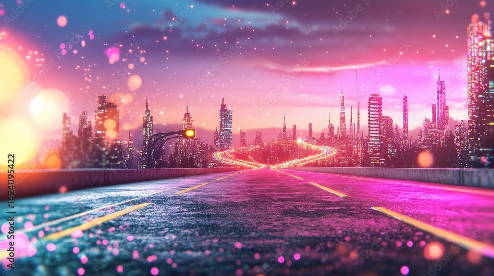 Poster neon 3d highway in a world of binary structures, machine learning urban aesthetic