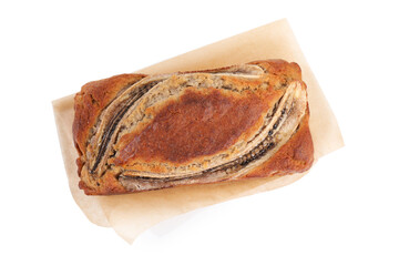 Delicious whole banana bread isolated on white, top view