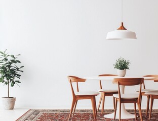 Fototapeta premium Modern Minimalist Dining Room with Wooden Chairs and Pendant Light