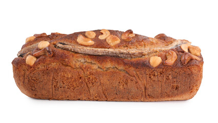 Delicious banana bread with nuts isolated on white