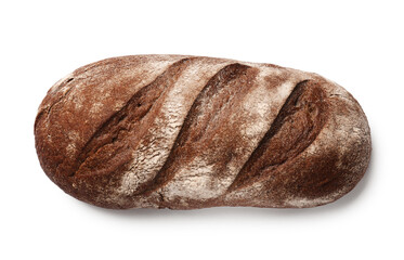 Fresh loaf of bread isolated on white, top view