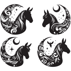 create four black donkey Silhouette Vector with white background