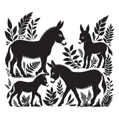create four black donkey Silhouette Vector with white background