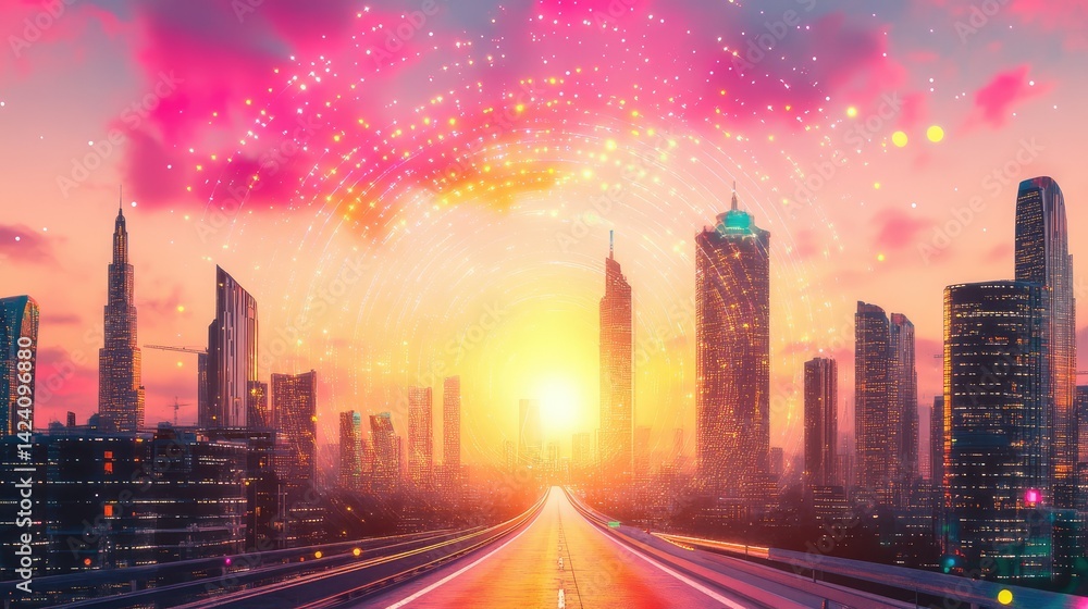 Poster surreal futuristic road through a matrix of binary buildings, representing big data travel